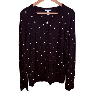 Charter‎ Club Polka Dot Cardigan Sweater Black White Women's XL Embroidered Twee